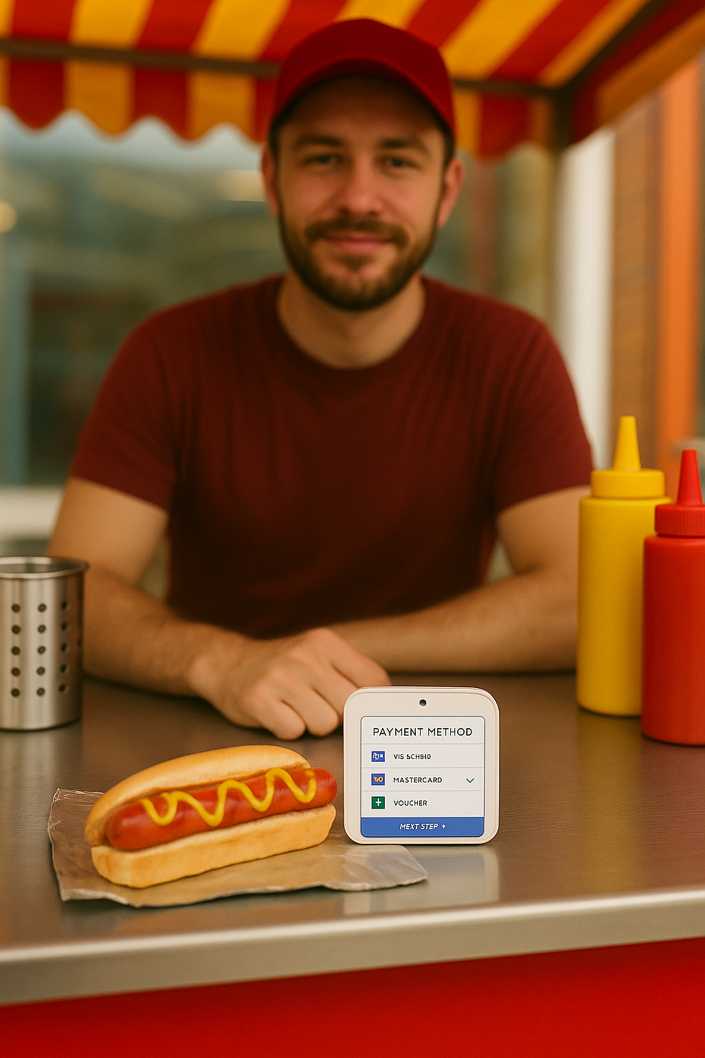 Food vendor at hot dog stand displaying POS terminal with multiple payment options on counter