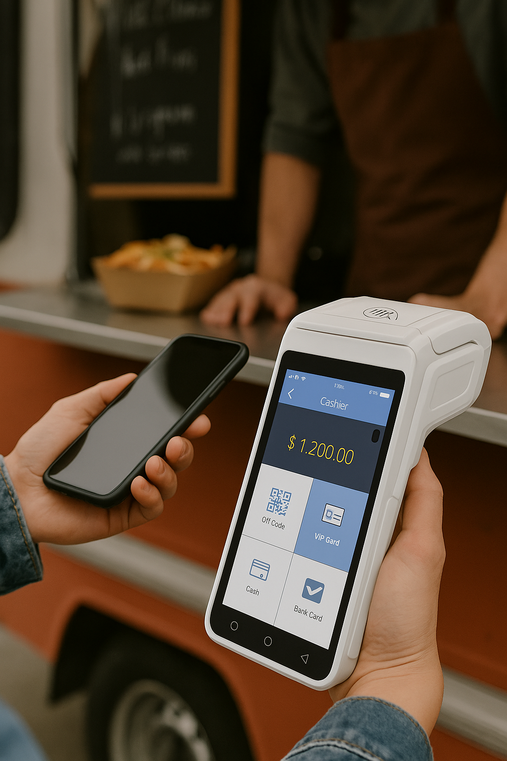 Customer is making a payment on handheld POS terminal at a food truck