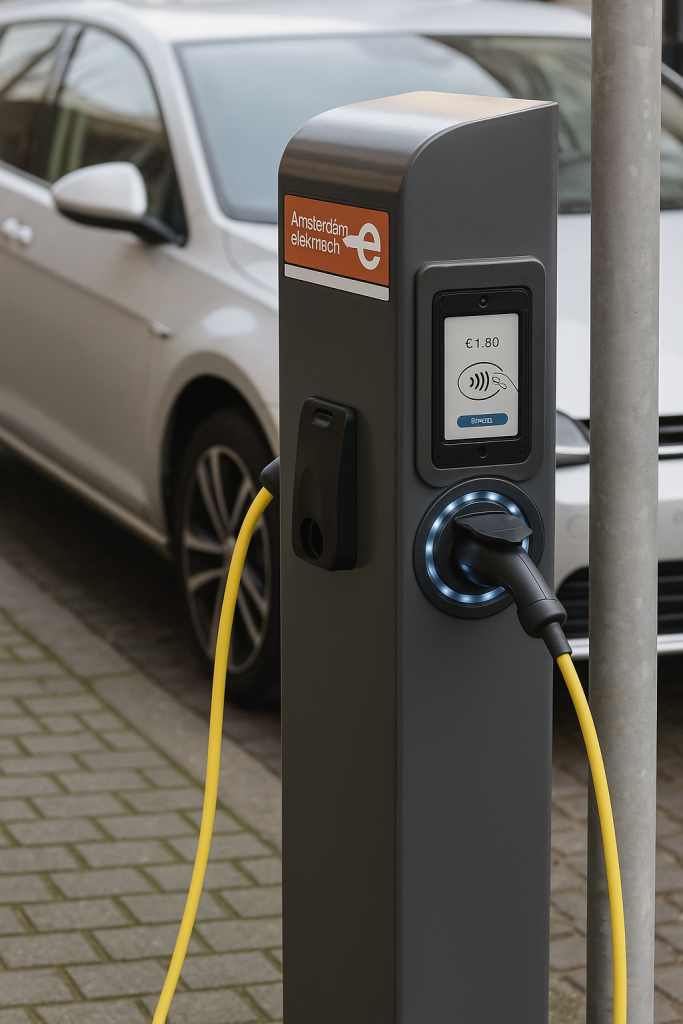 Electric vehicle charging station in Amsterdam with contactless payment screen and charging cable connected to car