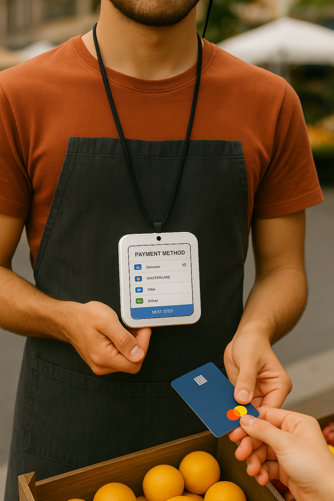 Vendor wearing mobile POS device around neck accepting credit card payment at outdoor fruit market